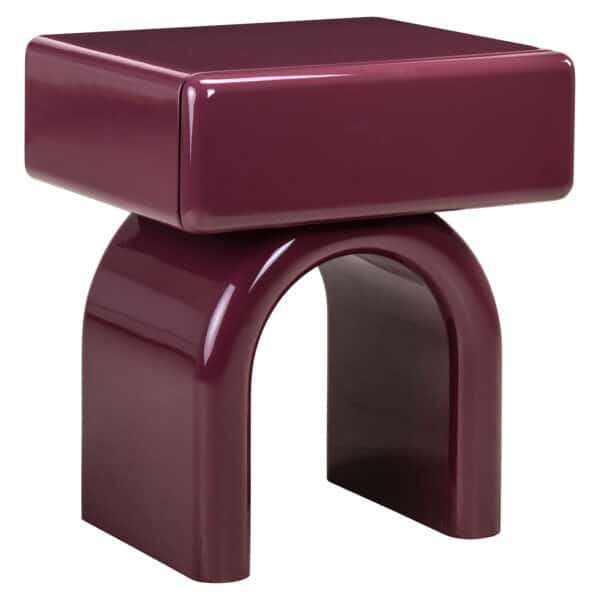 Burgundy nightstand with a modern design and a glossy finish.