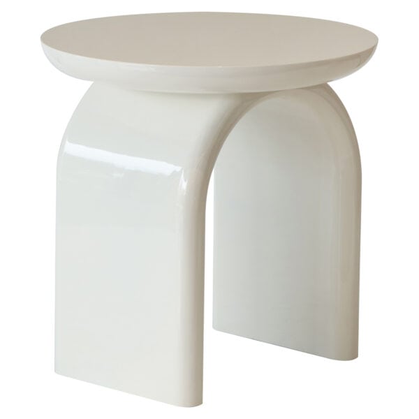 Modern white Merrick side table with rounded shapes.