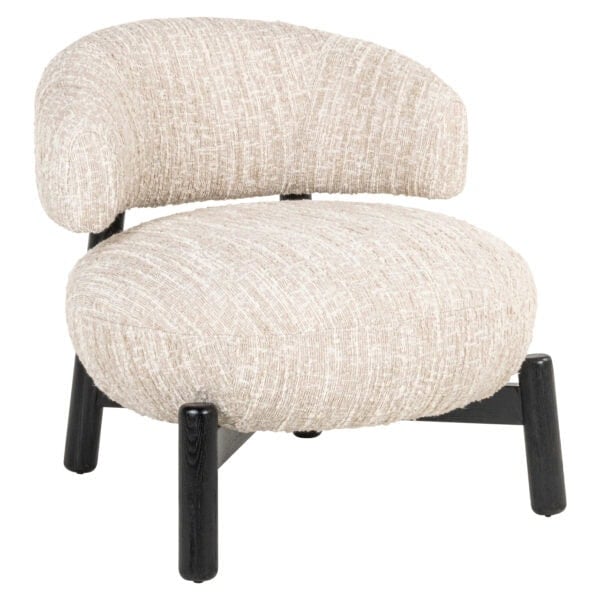 Ornella modern lounge chair in beige angora fabric with black wooden legs.