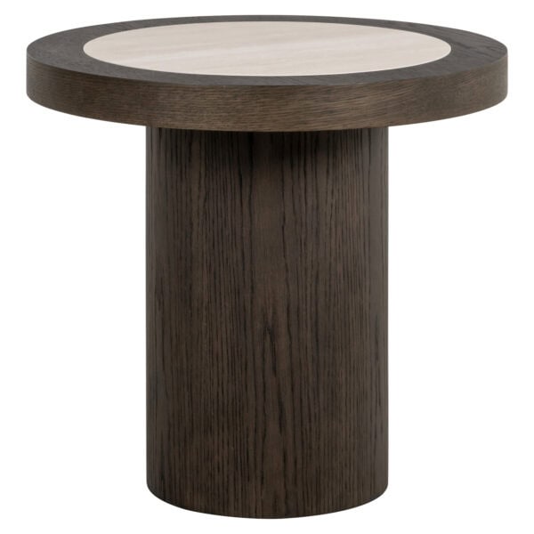 Nando side table in brown wood with a round top and cylindrical base.