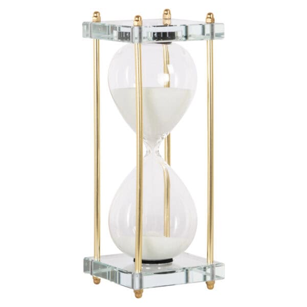 Dekorative Sanduhr mit goldfarbenen Details und Glasgehäuse.