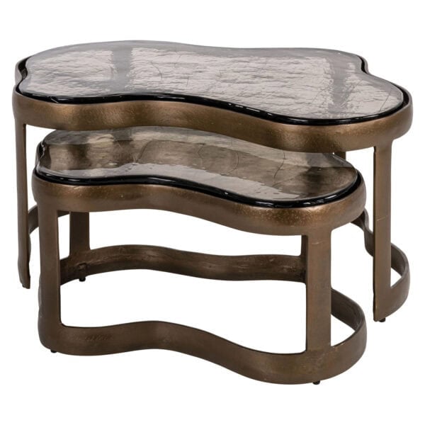 Set aus zwei Fairfield-Couchtischen mit „ brass “-Oberfläche und Marmorplatten.