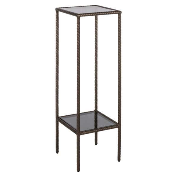 Modern plant stand with a metal frame and a glass shelf.