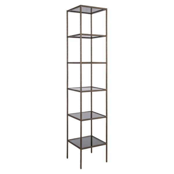 Wandkast Sheridon goud met glazen planken voor modern interieur.