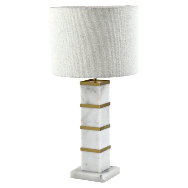 Lampe de table moderne blanche avec un socle en marbre et des détails dorés.