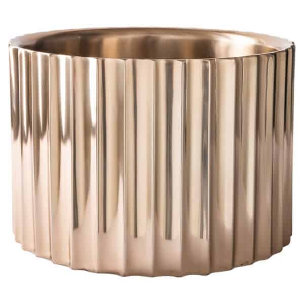 Gold wine and champagne cooler with vertical ridges, luxurious design.