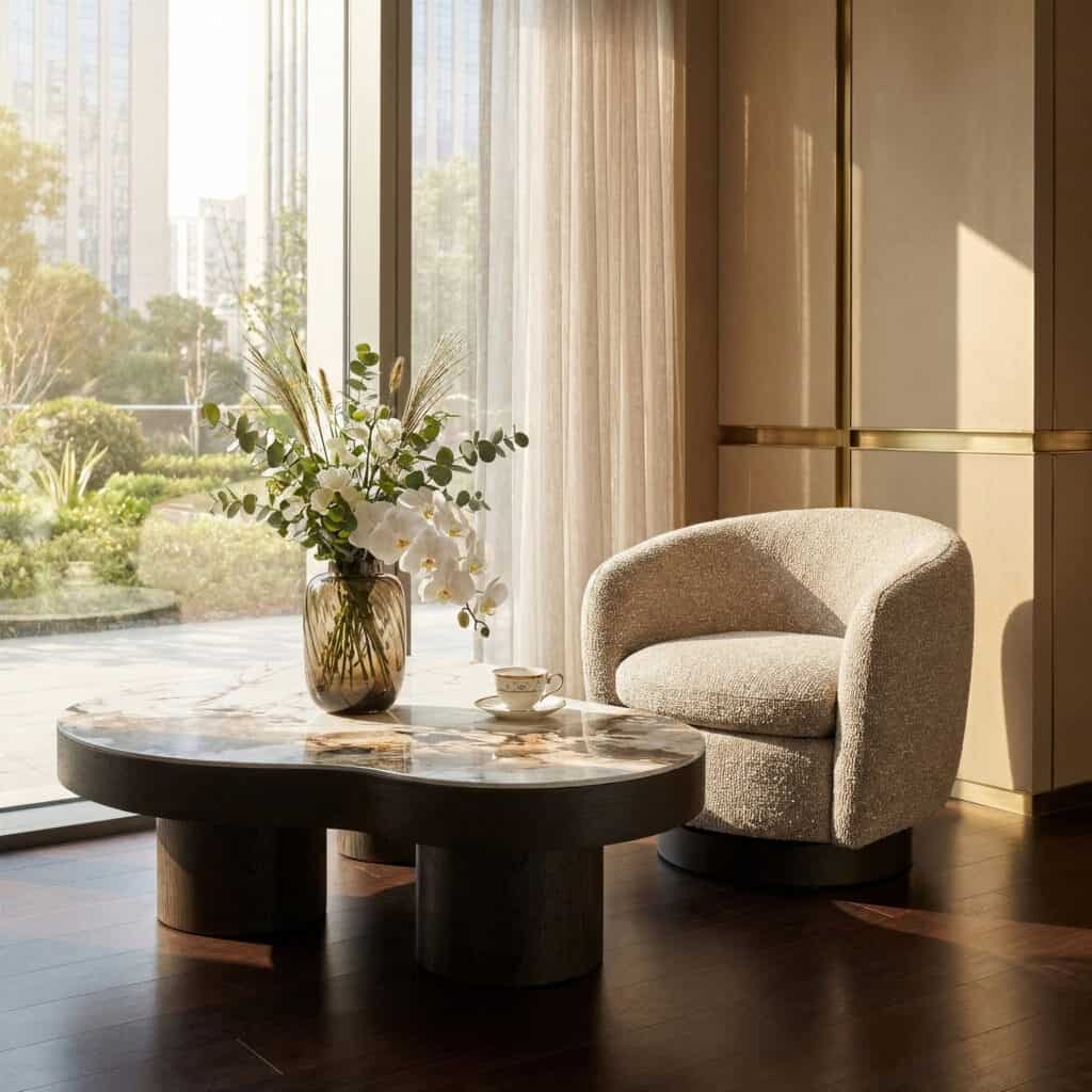 Salon « Chaise » à Colmar, dans un intérieur moderne doté de grandes baies vitrées offrant une vue imprenable.
