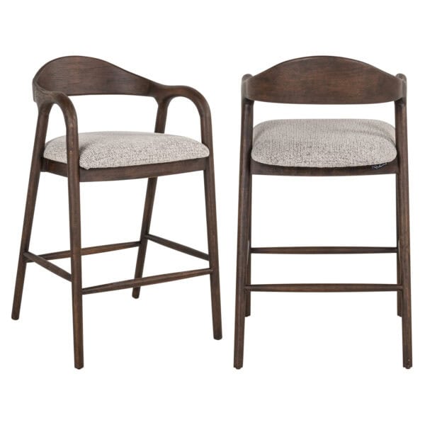 Beautiful wooden bar stool with beige upholstery, modern design, perfect for dining rooms.