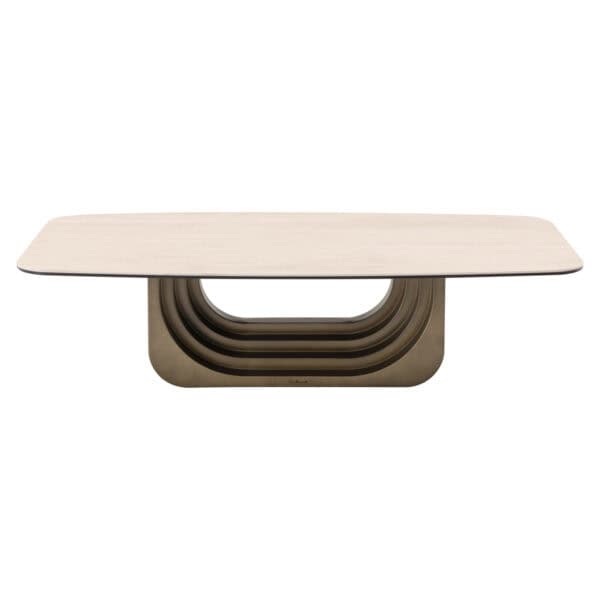 Moderner Maxfield-Couchtisch mit beiger Tischplatte und einzigartigem Gestell.