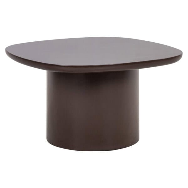 Chocolate-brown side table with a round top and cylindrical base.