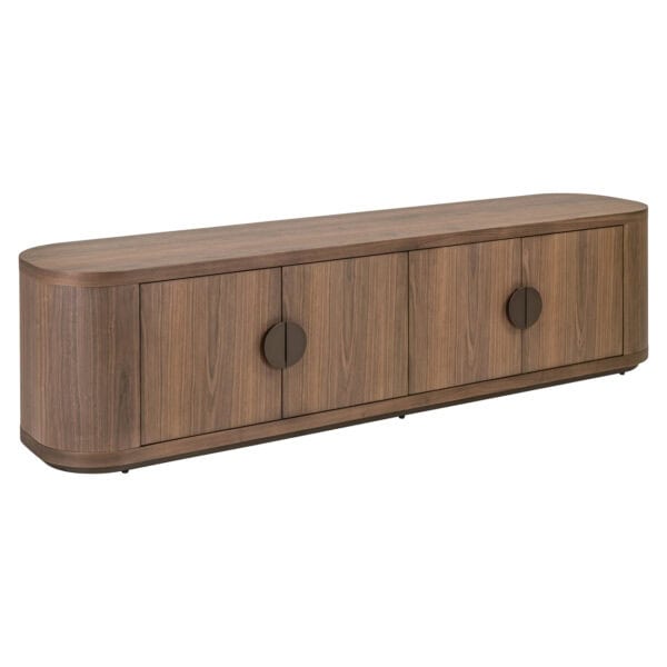 Elegant Windsor Walnut TV stand with round handles.