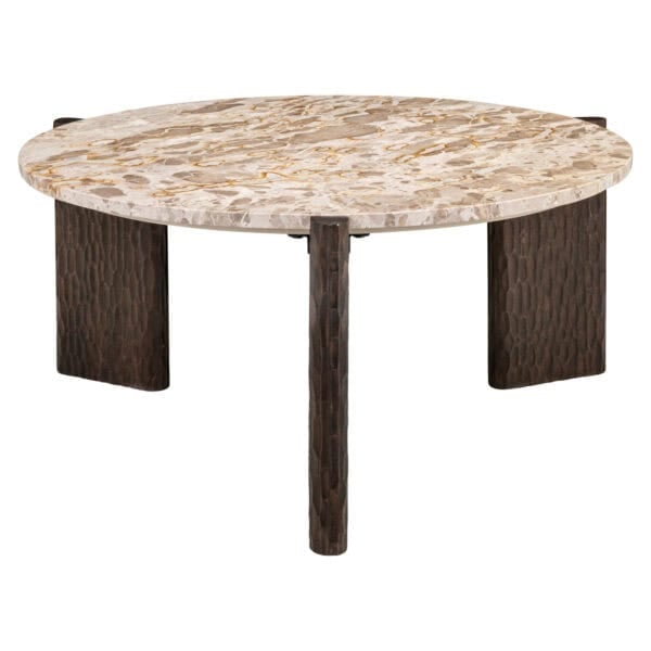 Runder Couchtisch mit Marmorplatte und Holzbeinen in Naturausführung.