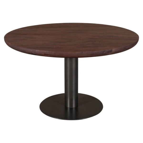 Eettafel Baldwin spicebrown 130Ø met ronde houten blad en zwart metalen onderstel.