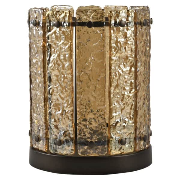 Kleine bernsteinfarbene „ windlicht “ mit strukturiertem Glas und schwarzem Sockel.
