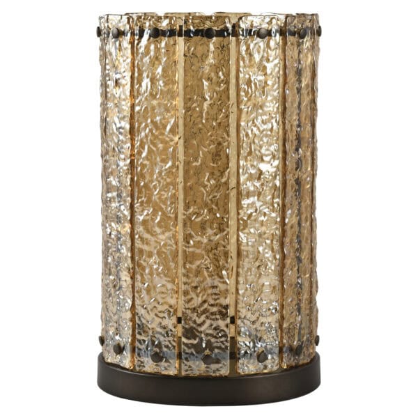 Large amber " Hurricane light " with tinted glass and a metal frame.