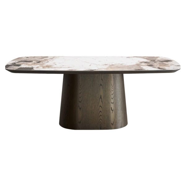 Eettafel Langford met marmeren blad en houten onderstel.