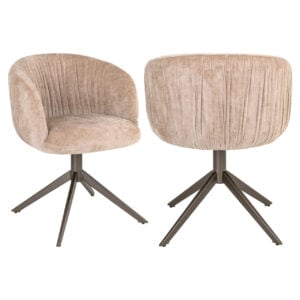 Cassi, a soft, sand-colored dining chair with a swivel base.