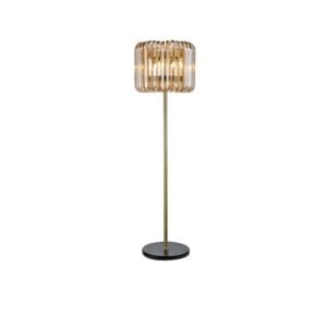 Elegante gouden vloerlamp met ronde kap voor woonruimte.